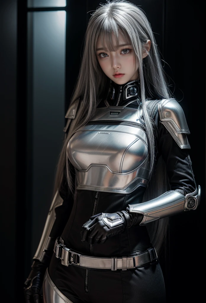 cyber angel,machine wing,{{Sci-Fi Armor}},cyber suit,cyberpunk,science fiction,cyber battle armor,Battledress,Military Uniforms,pants,black military uniform,whole body,Height: 168cm,almond shape eyes,{{{{{silver eyes}}}}},{{{{{dull bangs}}}}},(slanted eyes},{{whole body},{{{1 girl}}}, long hair, straight hair,{{{{silver hair}}}},{{{tsurime}}},30 years old,{Medium chest},{{bush}},silver eyes,{{{masterpiece}}}, {{{highest quality}}}, {{Super detailed}}, {shape}, {{very delicate and beautiful}},very detailed,detailed perfect,detailed hyper,Abundant thighs,big ass,black clothes