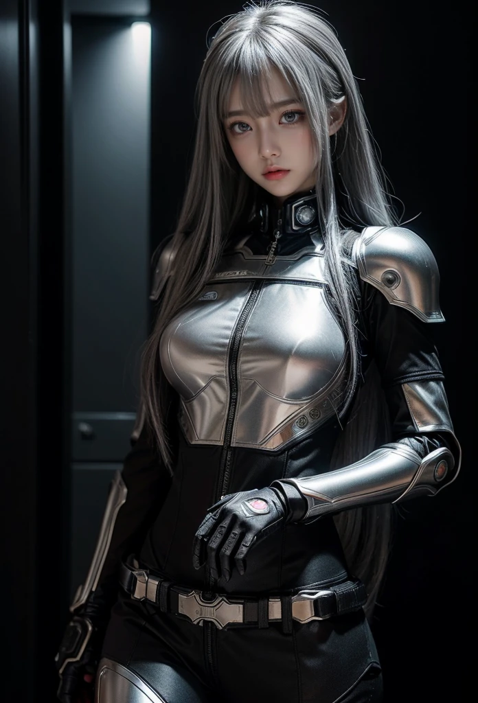 cyber angel,machine wing,{{Sci-Fi Armor}},cyber suit,cyberpunk,science fiction,cyber battle armor,Battledress,Military Uniforms,pants,black military uniform,whole body,Height: 168cm,almond shape eyes,{{{{{silver eyes}}}}},{{{{{dull bangs}}}}},(slanted eyes},{{whole body},{{{1 girl}}}, long hair, straight hair,{{{{silver hair}}}},{{{tsurime}}},30 years old,{Medium chest},{{bush}},silver eyes,{{{masterpiece}}}, {{{highest quality}}}, {{Super detailed}}, {shape}, {{very delicate and beautiful}},very detailed,detailed perfect,detailed hyper,Abundant thighs,big ass,black clothes