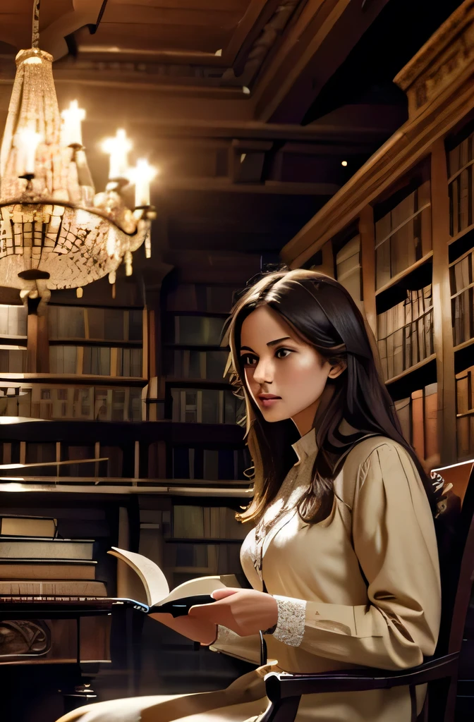 Create an image of a young woman in an old library with dark wooden shelves and old books, lit by chandeliers. The woman must have fair skin, long straight, light brown hair, and be sitting in a leather chair, holding an old book. The atmosphere must convey knowledge and wisdom. Use 8k resolution, with historical rendering style. Lighting should be soft, with ultra-fine details. The image should tell the story of Sophia in a library, symbolizing her knowledge and wisdom.