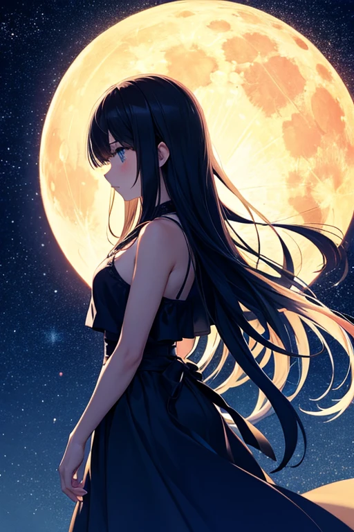 Highest quality,Big moon and shadow,A silhouette of a person can be seen against the backdrop of a large moon.,There is one full moon,There is a mood,Beautiful scenery,Starry Sky