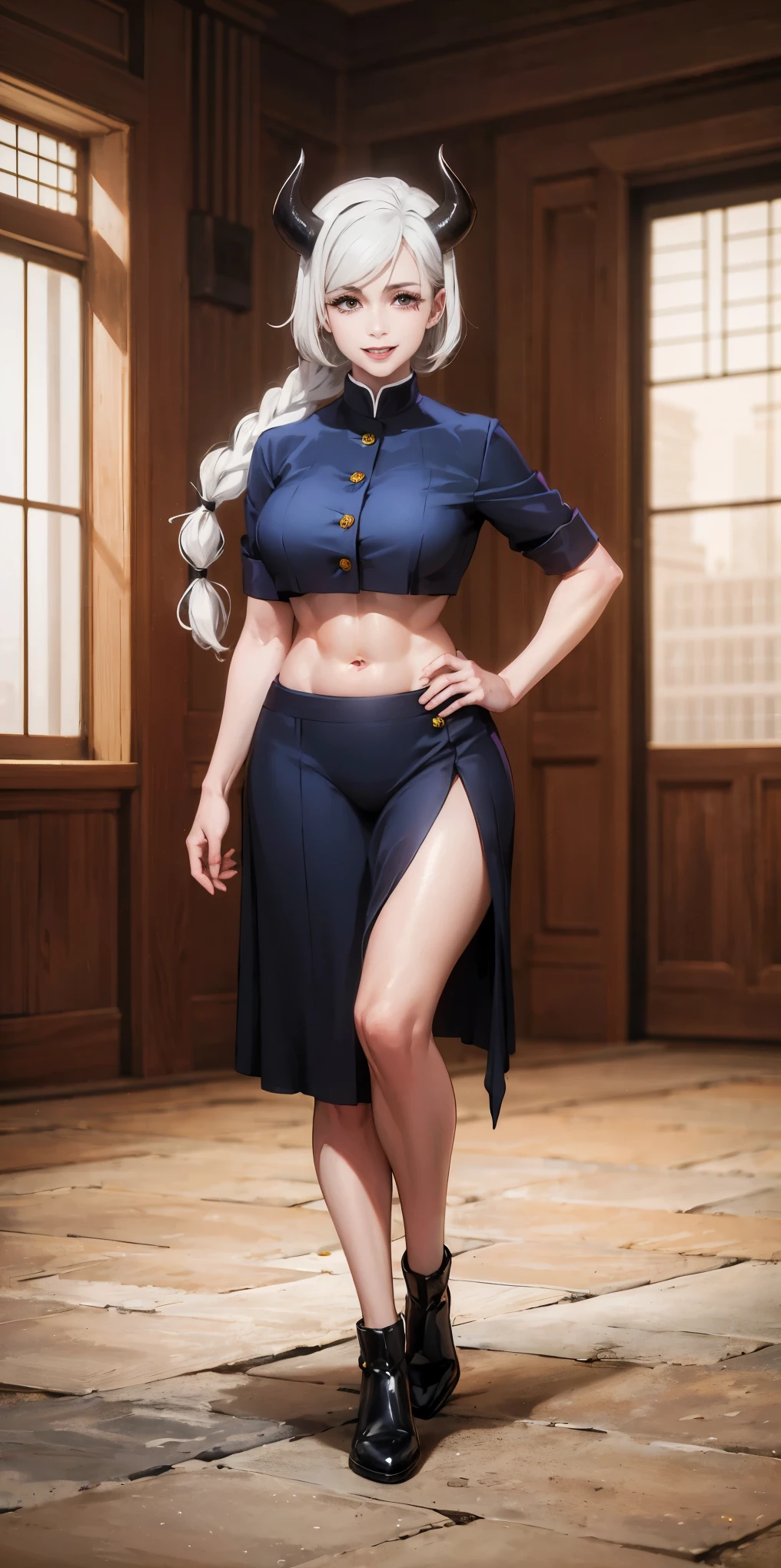 1 full length girl standing, good ass, maid of honor, Hairstyle with a white braid, white hair, blind, perfect lighting, muscular, thighs, mature woman, Mummy, belly button, ABS, look at the viewer (masterpiece, high quality: 1.1) smile, Extremely huge breasts, maternal, Porcelain skin, Extra long hair, shiny skin, good face, oni horns