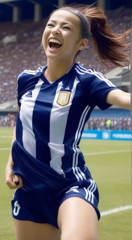 ((full body)), (8K, Best Quality, masterpiece), (Realistic, Photorealsitic), of the highest quality, masterpiece, Beautuful female, adult female, Argentina Female, (((Argentine national soccer uniform))), (((in the soccer field))), slender, wavy blonde hair,breasts:1.2), dim lit, (Skin with attention to detail, Detailed eyes:1.1), 8K Ultra HD, Digital SLR, soft lighting, Intricate details, Highest quality, Film Grain, Fujifilm XT3, analog style, Instagram, only tok, (skinny:1. 2), (Preppy Style:1. 2), Put your hair up, hair on the side, (Wavy Hair:1.1), (brown hair:1.1), (Greasy Hair:0.8), (rouge makeup:1.0), (in disco:1.2), (smile:1.2), (Surprised eyes:1.2), (wearing a blue soccer jersey and blue shorts, white knee-high socks and gloves), She is a sporty girl with brown hair and brown eyes playing soccer in a stadium full of spectators in the stands. She is celebrating a goal. She is jumping with happiness. She is wearing a argentia national team jersey and soccer shorts with the number 10 printed on them. He has a soccer ball and perfect hands and runs with speed and agility. She loves soccer and is celebrating a goal, always energetic and competitive. She has a confident personality and a friendly smile. She is loyal and supportive and motivates everyone with her enthusiasm. She enjoys playing with her teammates and scoring goals. She is passionate about soccer and teamwork. She is cute and friendly, and everyone likes her. 8K picture quality、detailed CG images、(hight resolution, Best Quality, masutepiece:1.4), (1womanl :1.3), tall thin legs, Sparkly skin, narrow hips, Teeth on the skin, big breastes, (Woman in soccer shirt showing breasts:1.3), football shorts, Short shorts,(((裾を縛る)))、((へそ出し))、 Sweating Lots, (Above the football stadium:1.2), taut clothes, (Angry look, Sprinting, Beautiful)、hair messy、Floating hair