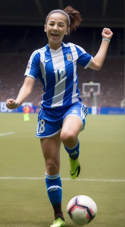 ((full body)), (8K, Best Quality, masterpiece), (Realistic, Photorealsitic), of the highest quality, masterpiece, Beautuful female, adult female, Argentina Female, (((Argentine national soccer uniform))), (((in the soccer field))), slender, wavy blonde hair,breasts:1.2), dim lit, (Skin with attention to detail, Detailed eyes:1.1), 8K Ultra HD, Digital SLR, soft lighting, Intricate details, Highest quality, Film Grain, Fujifilm XT3, analog style, Instagram, only tok, (skinny:1. 2), (Preppy Style:1. 2), Put your hair up, hair on the side, (Wavy Hair:1.1), (brown hair:1.1), (Greasy Hair:0.8), (rouge makeup:1.0), (in disco:1.2), (smile:1.2), (Surprised eyes:1.2), (wearing a blue soccer jersey and blue shorts, white knee-high socks and gloves), She is a sporty girl with brown hair and brown eyes playing soccer in a stadium full of spectators in the stands. She is celebrating a goal. She is jumping with happiness. She is wearing a argentia national team jersey and soccer shorts with the number 10 printed on them. He has a soccer ball and perfect hands and runs with speed and agility. She loves soccer and is celebrating a goal, always energetic and competitive. She has a confident personality and a friendly smile. She is loyal and supportive and motivates everyone with her enthusiasm. She enjoys playing with her teammates and scoring goals. She is passionate about soccer and teamwork. She is cute and friendly, and everyone likes her. 8K picture quality、detailed CG images、(hight resolution, Best Quality, masutepiece:1.4), (1womanl :1.3), tall thin legs, Sparkly skin, narrow hips, Teeth on the skin, big breastes, (Woman in soccer shirt showing breasts:1.3), football shorts, Short shorts,(((裾を縛る)))、((へそ出し))、 Sweating Lots, (Above the football stadium:1.2), taut clothes, (Angry look, Sprinting, Beautiful)、hair messy、Floating hair