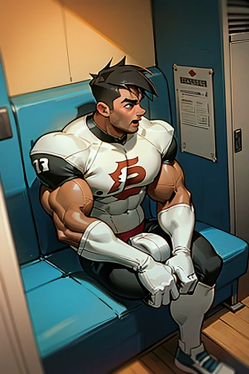 Tucker Foaley in a locker room sitting on a wooden bench and listening to hypnotic MP.3 players playing subliminals through earbuds in their ears. Turning into stereotypical football jocks just like Dash Baxter. Black hair with blonde highlights. hyper muscles. Big biceps. Big triceps. Big traps. big lats. big deltoids. Big meaty pecs. Swollen crotch bulge. Tenting crotch. Open mouth. Blank stare. IQ drain. Dumber and dumber. big dumb jock. Jock assimilation. Hypnosis. Hypnotic trance. Brainwashing. Brainwashed. Hypnotized. Entranced. Jock assimilation. Jock conversion. Meathead. Musclehead. Brute. Bro. "I hear ... I obey.... I am where I belong.... I am in a locker room.... Jocks belong in a locker room... Yes, ... I ... am a jock.... Just a dumb ... muscular jock.... Bigger and bigger.... Dumber and dumber.... Jocks don't think.... Jocks follow the play.... Jocks obey.... I obey... I am a jock.... I obey... I am a jock.... I do not think.... I obey.... Just ... a dumb ... football jock ... like Dash.... Must ... give ... wedgies! Nerds ... deserve to be bullied.... Must ... bully ... nerds.... Dash is ... my best bro.... I ... am a good jock. Be like Dash.... Be a good football jock.... Bully ... dumber ... bully.... I obey...." Football uniform. Cleats. Shoulder pads. Jockstrap. 