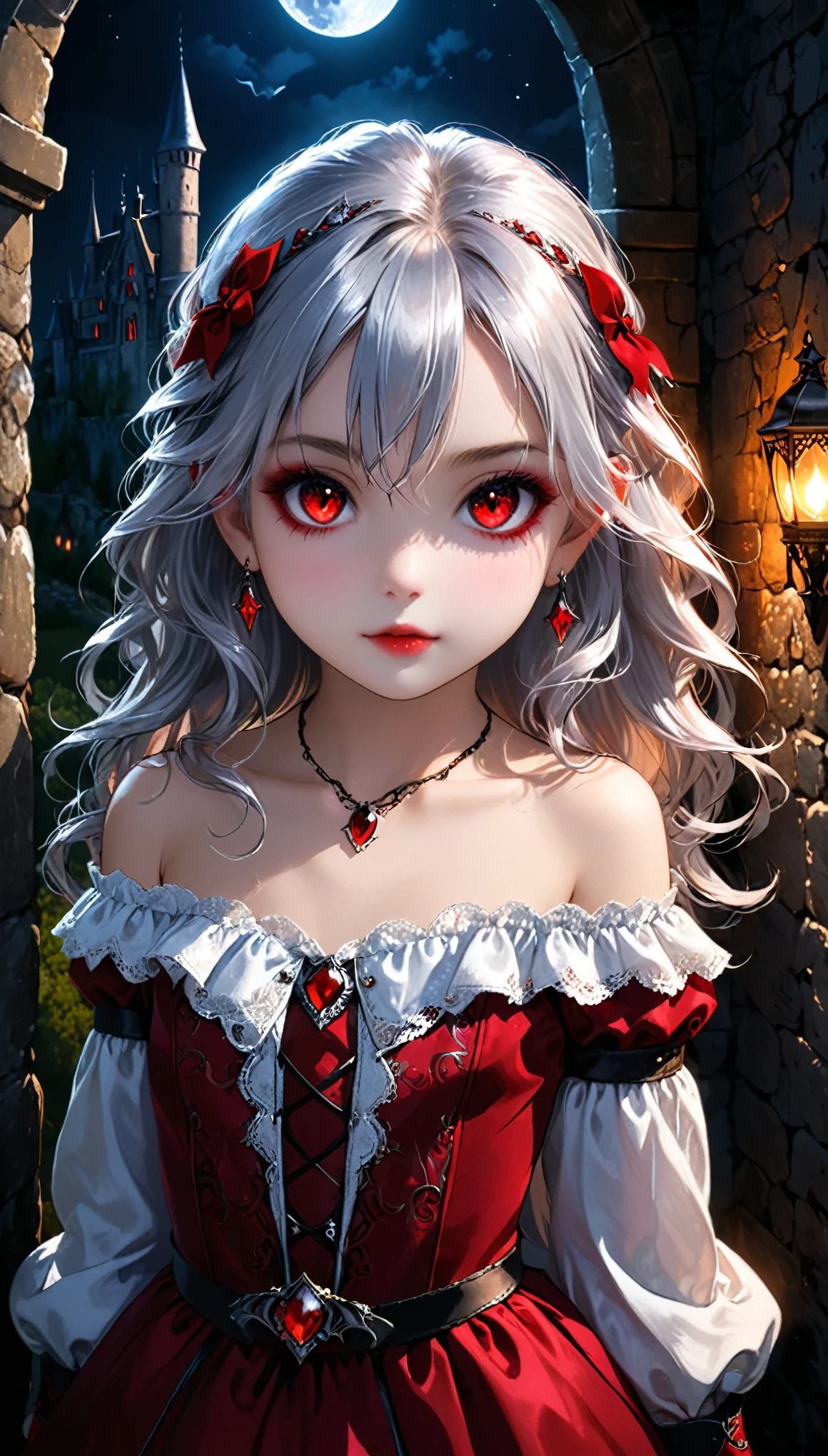 1girl, solo, young girl, childish, 10 years old girl, baby face, [white shirt top: red dress under], (vampire pattern clothing), very long curvy messy hair, silver hair, glowing ruby colored eyes, black eye liner, glowing eyes, big eyes, ((beautiful face)), detailed face, detailed eyes, perfect hands, (collarbone), (off shoulder), leather high boots, leather glove, ruby necklace, ruby earring, set in ancient castle, stone wall, moonlight, cold light, POV, looking at viewer, medieval theme, pretty lips, (seductive look), illustration, 8k, super details, award winning, high res