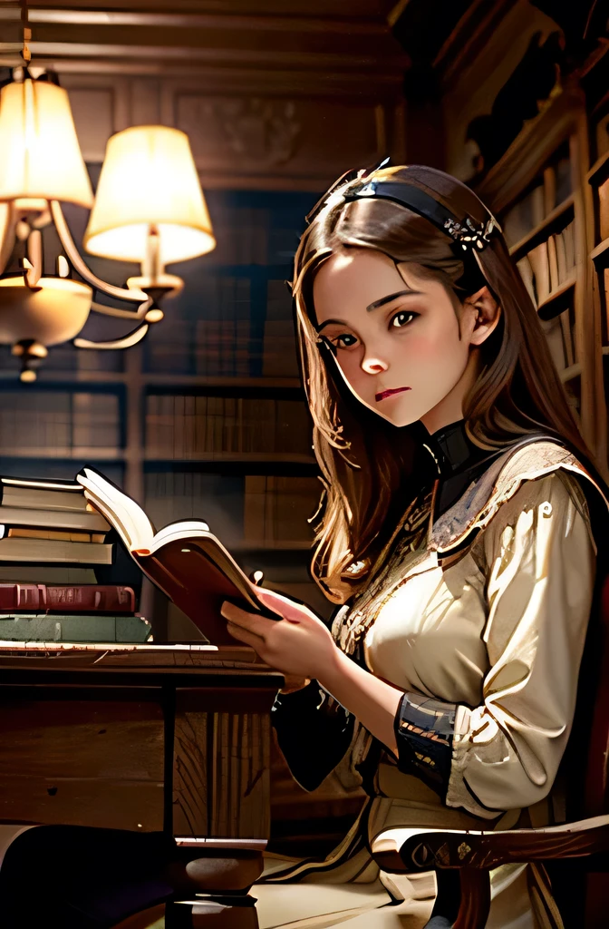 Create an image of a young woman in an old library with dark wooden shelves and old books, lit by chandeliers. The woman must have fair skin, long straight, light brown hair, and be sitting in a leather chair, holding an old book. The atmosphere must convey knowledge and wisdom. Use 8k resolution, with historical rendering style. Lighting should be soft, with ultra-fine details. The image should tell the story of Sophia in a library, symbolizing her knowledge and wisdom.