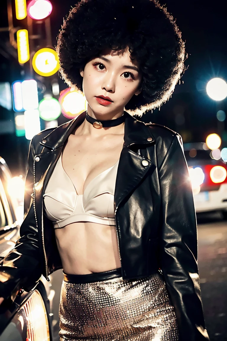 (Cinematic Aesthetic:1.4) Photo of a beautiful korean fashion model bokeh city night with round disco afro wig, bra, super mini skirt,big bust, Clevage, opened black leather jacket, make up, exposed stomach, sexy look, choker