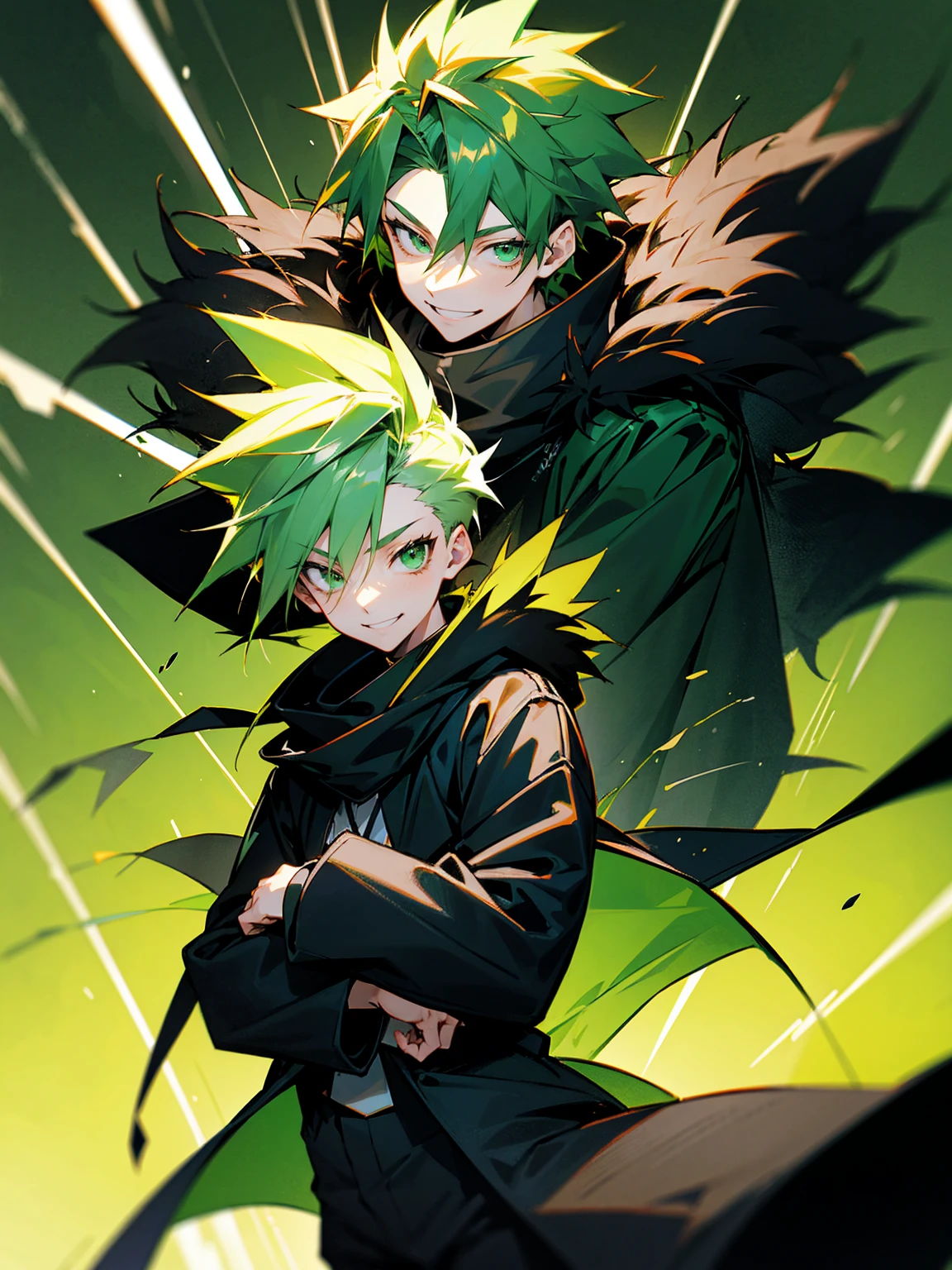 1male, adult, light green hair, spiky hair, hazel eyes, black sweatshirt, oversized fur coat, black techwear pants, green scarf, smile, confident