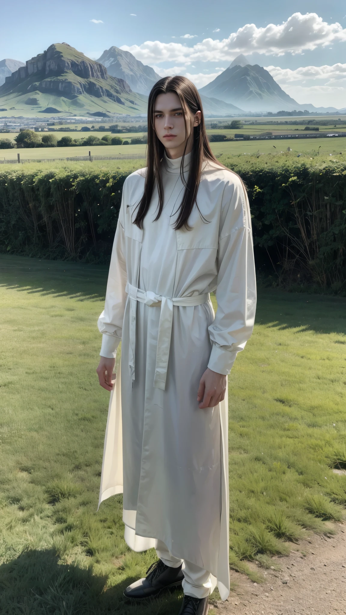 tall man straight hair, greeneyes, offwhite,with a landscape in the background