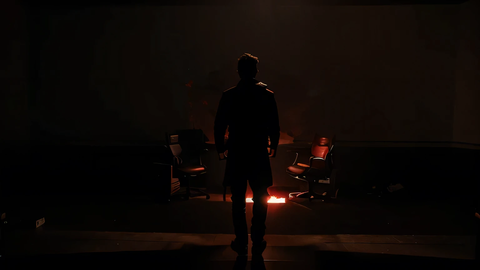 dramatic art photo, men in the dark studio, alone, red lighting, smoke, silhouette, wide shoot, film set, photo realistic