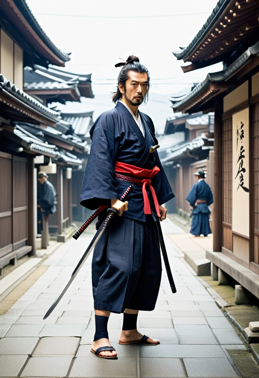 「A scene of Miyamoto Musashi facing off with his sword at the ready。The Edo period streetscape in the background。