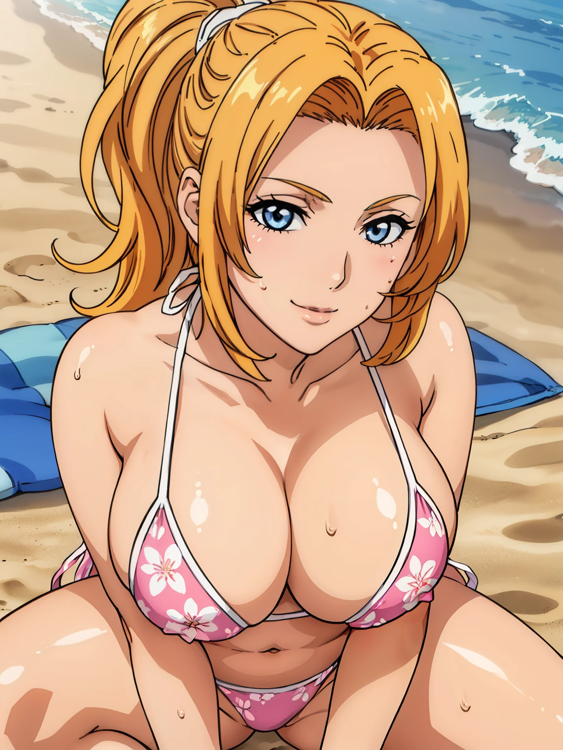 Very attractive pose, Sexy pose, Squatting on the sand, (Floral Bikini), At the Beach, (Beach Background), Mature Woman, takeda hiromitsu style, Anime cel style, Highest quality, High resolution, (Huge breasts:1.3), Cowboy Shot, (Body Portrait), blush, smile, blue eyes, Blonde hair, 前hair,length_hair, 1 girl, View your viewers, ponytail