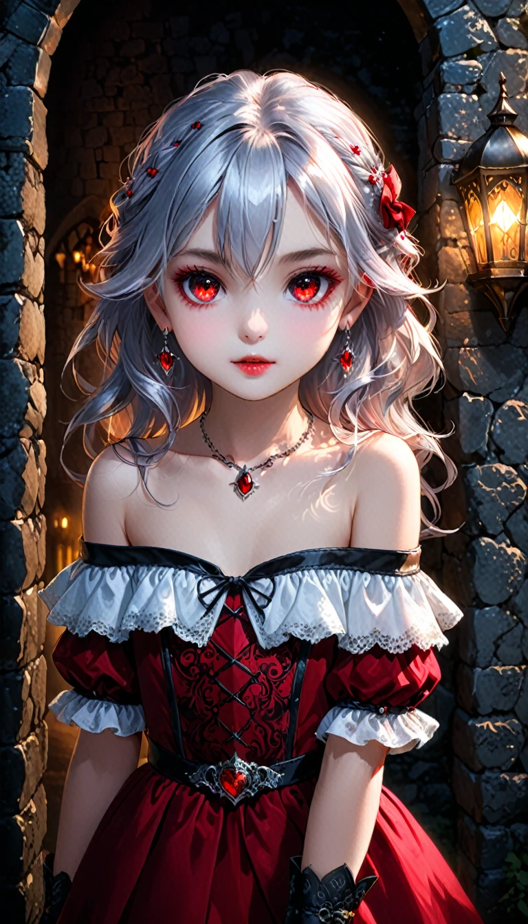 1girl, solo, mature woman, [white shirt top: red dress under], (vampire pattern clothing), long curvy messy hair, silver hair, glowing ruby colored eyes, black eye liner, glowing eyes, ((beautiful face)), detailed face, detailed eyes, perfect hands, (collarbone), (off shoulder), leather high boots, leather glove, set in ancient castle, stone wall, moonlight, cold light, POV, looking at viewer, medieval theme, pretty lips, (seductive look), waitress, illustration, 8k, super details, award winning, high res