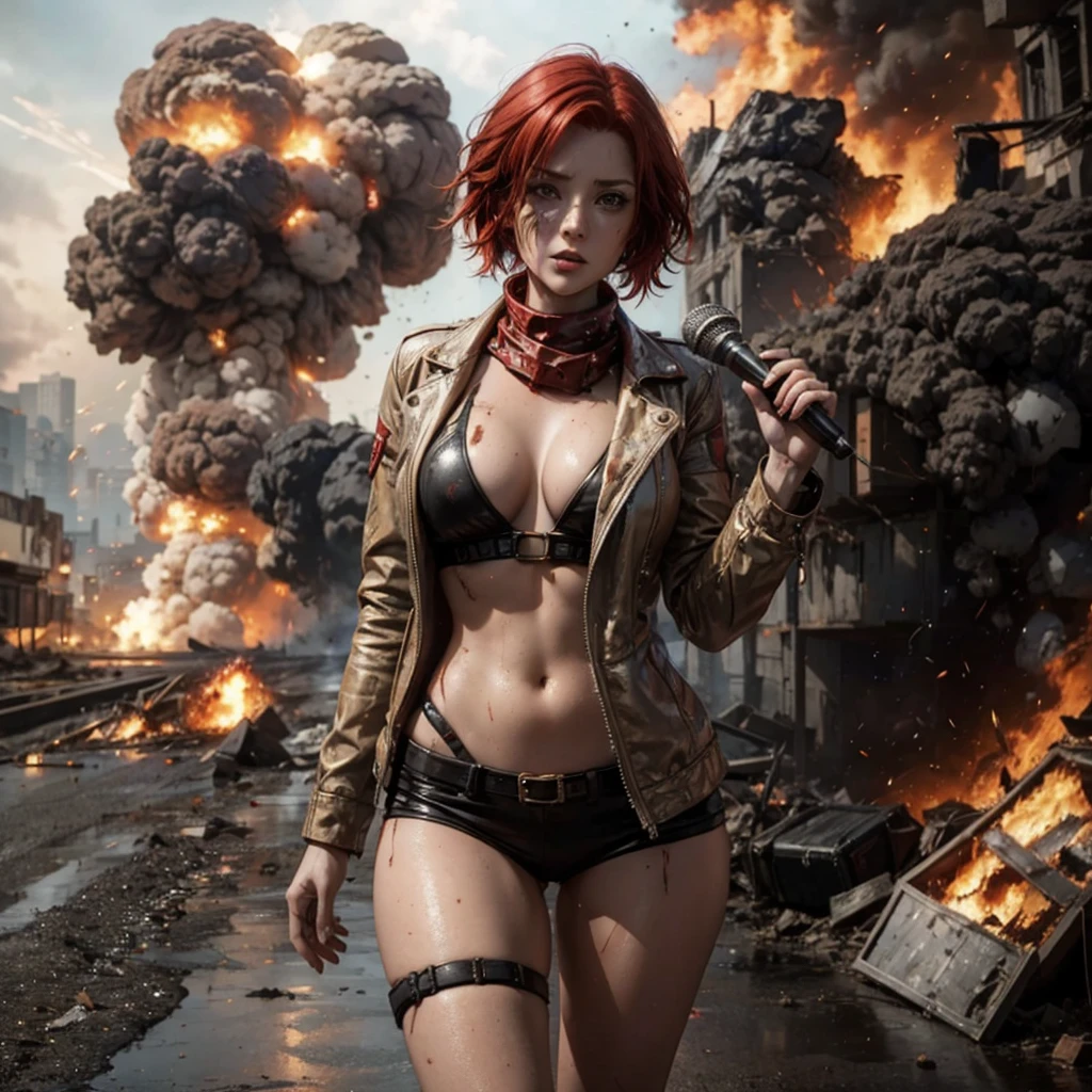 female reporter with red hair holding a mic, A doomsday scene, chaotic, destruction, explosion, burning, meteorites rained down on the earth, post-apocalyptic