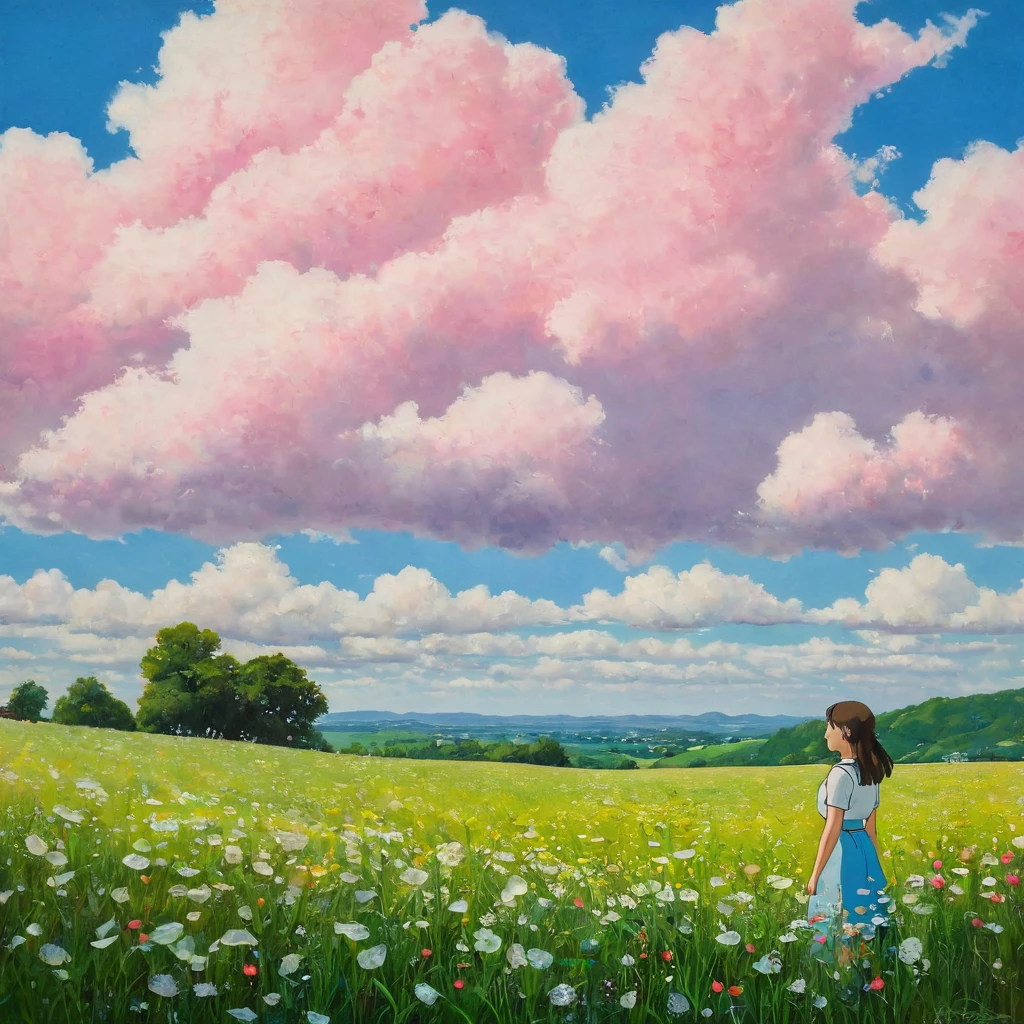 (((best quality)))), Realistic, authentic, beautiful and amazing landscape with a girl on the field oil painting Studio Ghibli Hayao Miyazaki pasture petals with blue sky and white clouds, no humans.the windshield flashing pink, pink glancing off of metal, brushing the dented flank of blue, beat-up enamel, Studio Ghibli