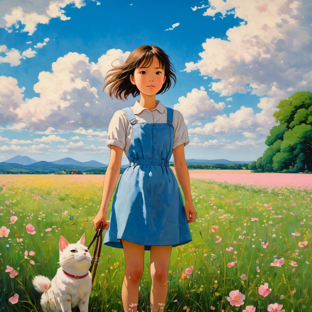 (((best quality)))), Realistic, authentic, beautiful and amazing landscape with a girl on the field oil painting Studio Ghibli Hayao Miyazaki pasture petals with blue sky and white clouds, no humans.the windshield flashing pink, pink glancing off of metal, brushing the dented flank of blue, beat-up enamel, Studio Ghibli