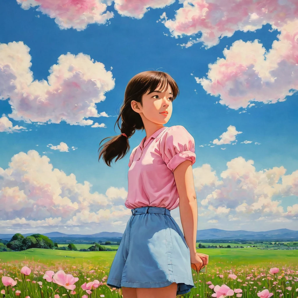 (((best quality)))), Realistic, authentic, beautiful and amazing landscape with a the field oil painting Studio Ghibli Hayao Miyazaki pasture petals with blue sky and white clouds, no humans.the windshield flashing pink, pink glancing off of metal, brushing the dented flank of blue, beat-up enamel, Studio Ghibli