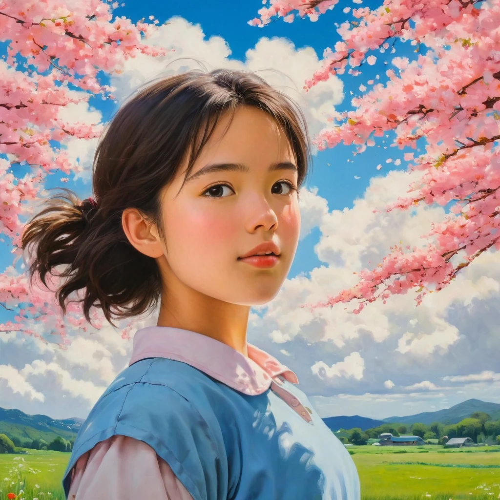 (((best quality)))), Realistic, authentic, beautiful and amazing landscape with a girl on the field oil painting Studio Ghibli Hayao Miyazaki pasture petals with blue sky and white clouds, no humans.the windshield flashing pink, pink glancing off of metal, brushing the dented flank of blue, beat-up enamel, Studio Ghibli
