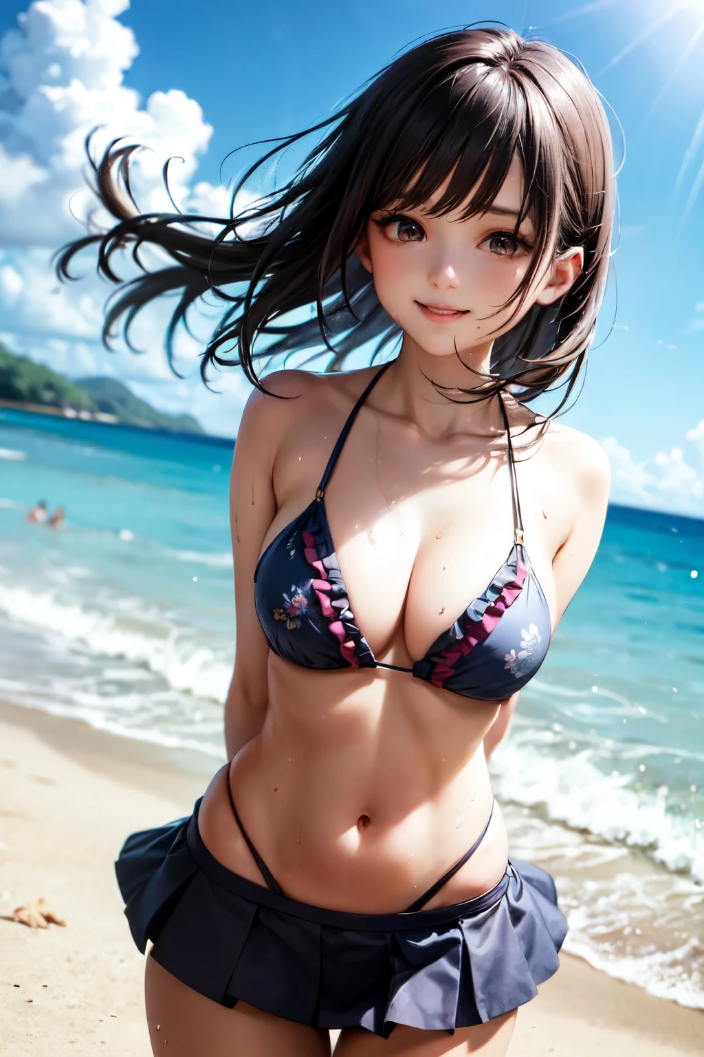 very cute and beautiful girl,(highly detailed beautiful face),(floral frilled navyblue ruffle bikini skirt),sweat,wet,waterdrop,
standing,beautiful legs,arms behind back,beach,tropical resort hotel,(smile:1.2),happy,looking at viewer,black hair,
(best quality,masterpiece),absurdres,highres,ultra-detailed,extremely detailed,32k,
cinematic scene,detailed background,solo,dynamic angle,
hair fluttering in the wind,beautiful detailed sky,