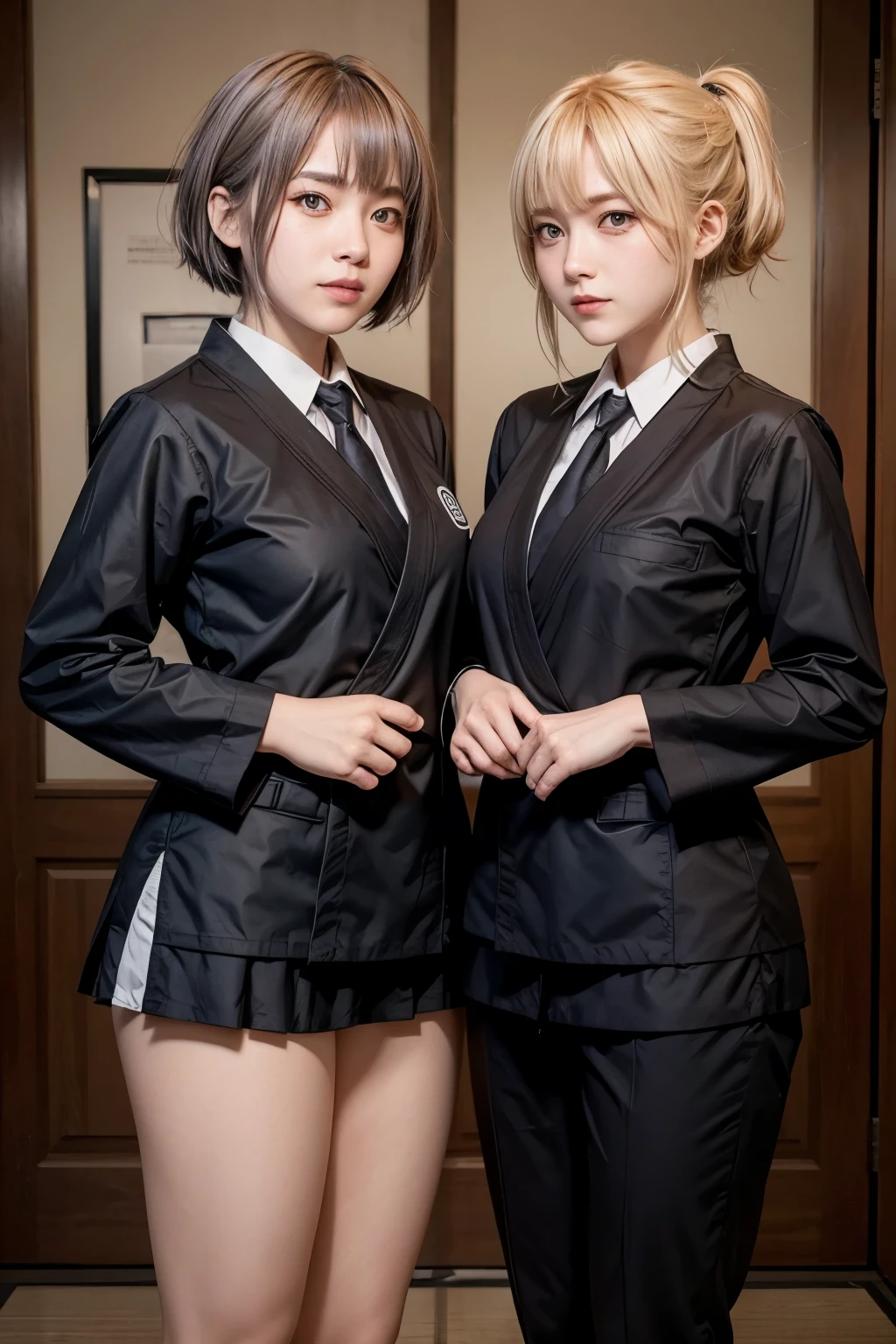 Two friends with jujutsu school uniforms, one like sukuna, the other like gojo