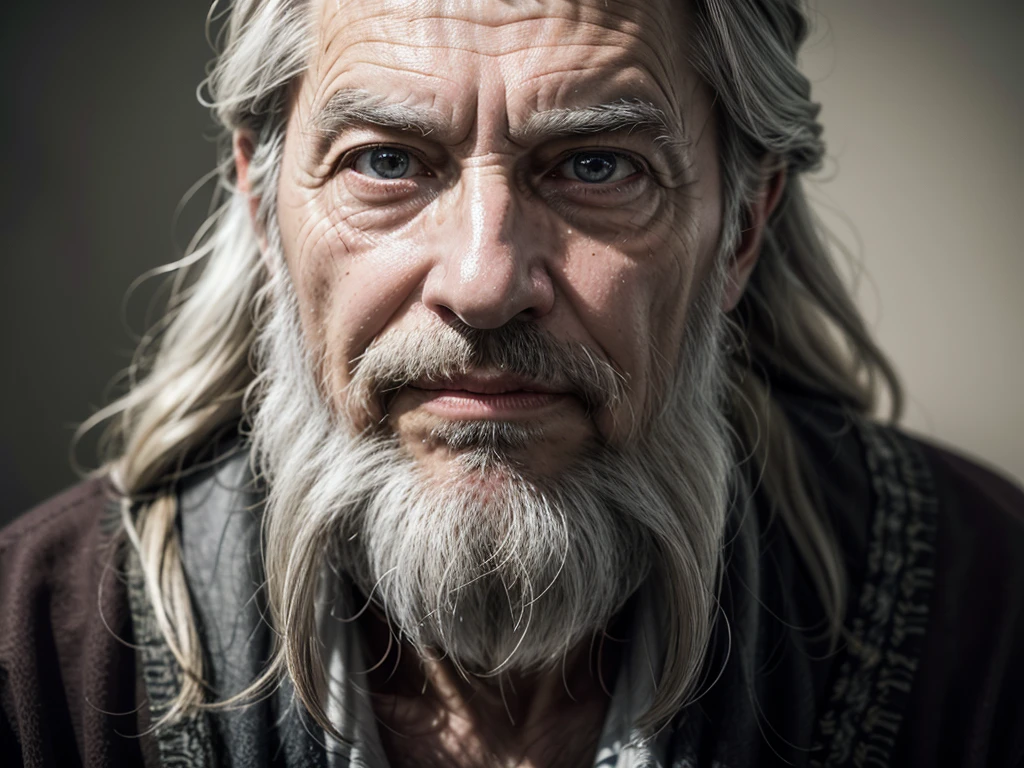 "A standing portrait of Methuselah, an elderly man with a long white beard and gray hair, wearing clothes in biblical times. He is looking directly at the camera with wise, expressive eyes, showing years of wisdom and experience. The background is simple and blurred to highlight your face, with soft, cinematic lighting that accentuates wrinkles and facial details, captured in 8K, ultra realisitic, with high quality and highly detailed."