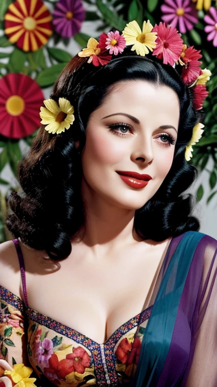 Hedy Lamarr dressed in clothes made of colorful sexy flowers and smiling