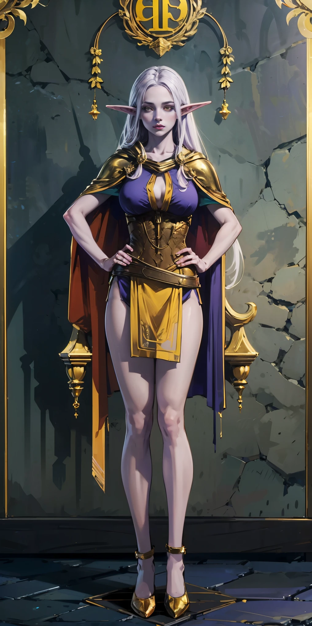 masterpiece, best quality, high quality, elf, long hair, pale hair, yellow eyes, purple skin, deep blue cape with golden ornaments (1solofemale full body standing straight symmetrical, hands on hips)