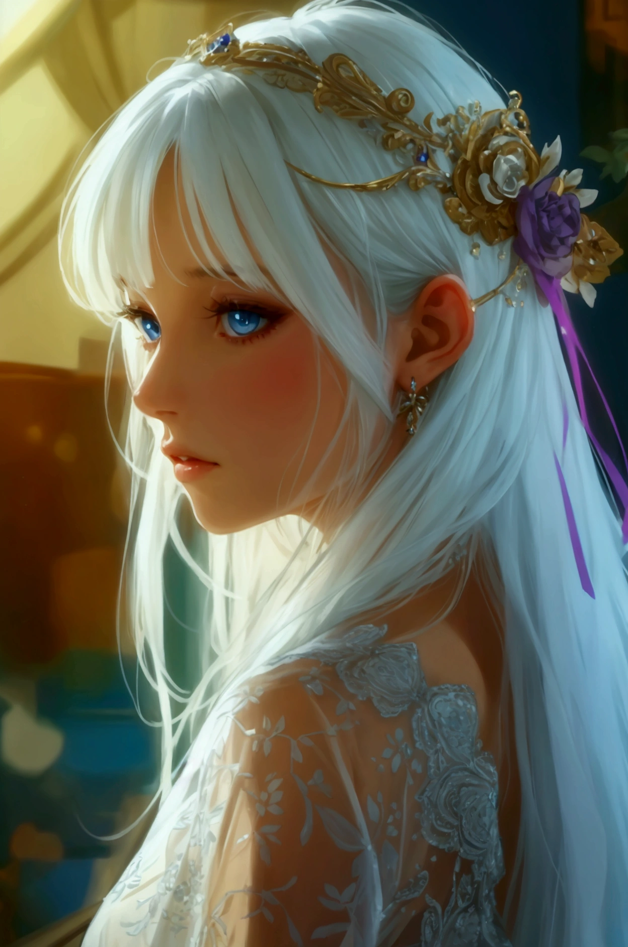 Elegant adult women, looking into distance, blue eyes, long white hair and purple strokes, side swept bangs, Sheer dress, see through dress, 4K resolution, High quality CG, fair