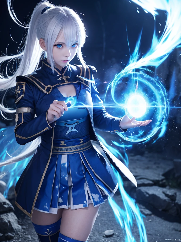 1girl, japanese clothes, ponytail ,white hair, blue eyes, magic circle, blue fire, blue flames, wallpaper, landscape, blood, blood splatter, depth of field, night, light particles, light rays, sidelighting, thighs, fate \(series\), genshin impact, ****, open jacket, skirt, thighhighs, cloud