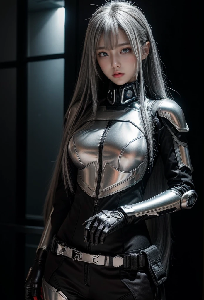 cyber angel,machine wing,{{Sci-Fi Armor}},cyber suit,cyberpunk,science fiction,cyber battle armor,Battledress,Military Uniforms,pants,black military uniform,whole body,Height: 168cm,almond shape eyes,{{{{{silver eyes}}}}},{{{{{dull bangs}}}}},(slanted eyes},{{whole body},{{{1 girl}}}, long hair, straight hair,{{{{silver hair}}}},{{{tsurime}}},30 years old,{Medium chest},{{bush}},silver eyes,{{{masterpiece}}}, {{{highest quality}}}, {{Super detailed}}, {shape}, {{very delicate and beautiful}},very detailed,detailed perfect,detailed hyper,Abundant thighs,big ass,black clothes