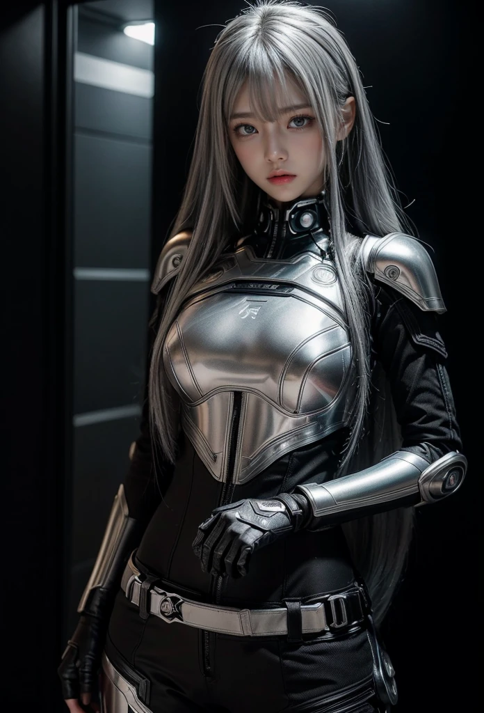 cyber angel,machine wing,{{Sci-Fi Armor}},cyber suit,cyberpunk,science fiction,cyber battle armor,Battledress,Military Uniforms,pants,black military uniform,whole body,Height: 168cm,almond shape eyes,{{{{{silver eyes}}}}},{{{{{dull bangs}}}}},(slanted eyes},{{whole body},{{{1 girl}}}, long hair, straight hair,{{{{silver hair}}}},{{{tsurime}}},30 years old,{Medium chest},{{bush}},silver eyes,{{{masterpiece}}}, {{{highest quality}}}, {{Super detailed}}, {shape}, {{very delicate and beautiful}},very detailed,detailed perfect,detailed hyper,Abundant thighs,big ass,black clothes