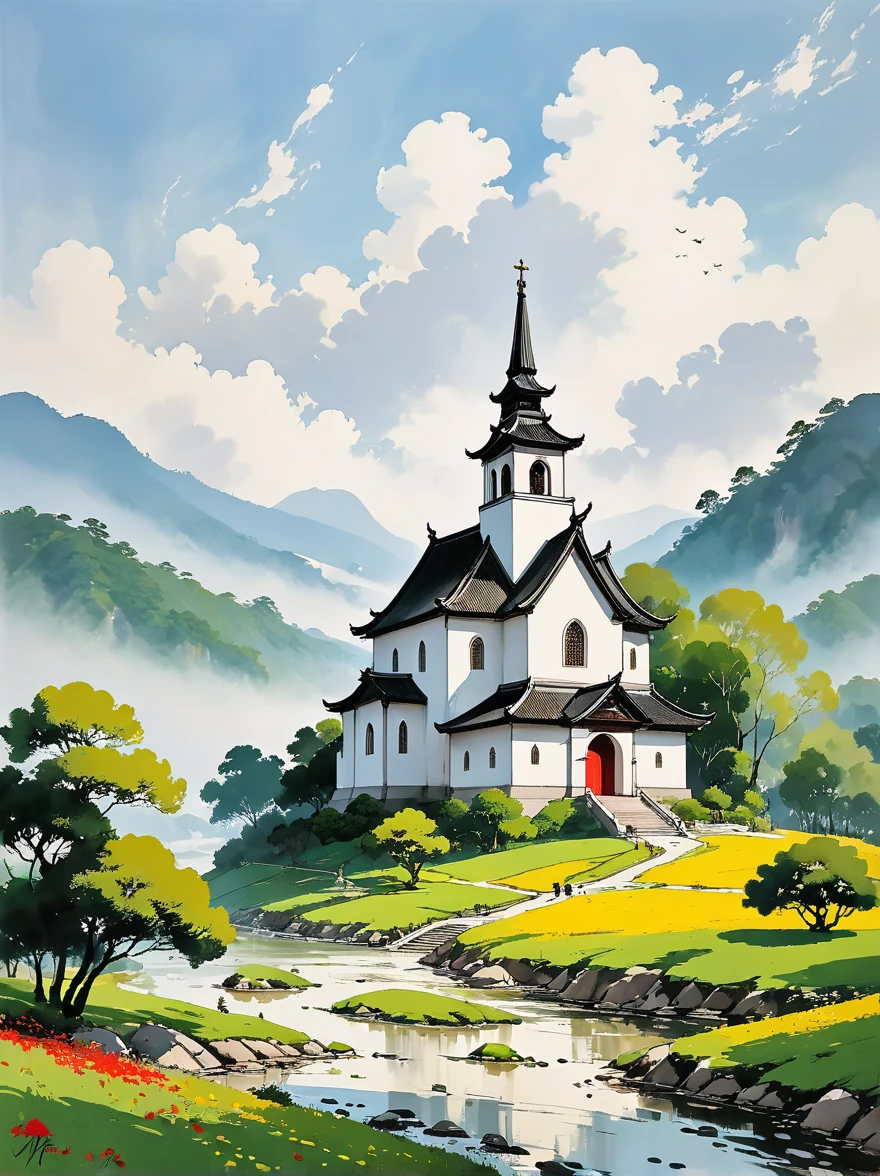 in style of Wu Guanzhong, stunning natural landscape, church