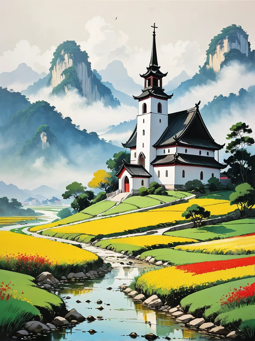 in style of Wu Guanzhong, stunning natural landscape, church