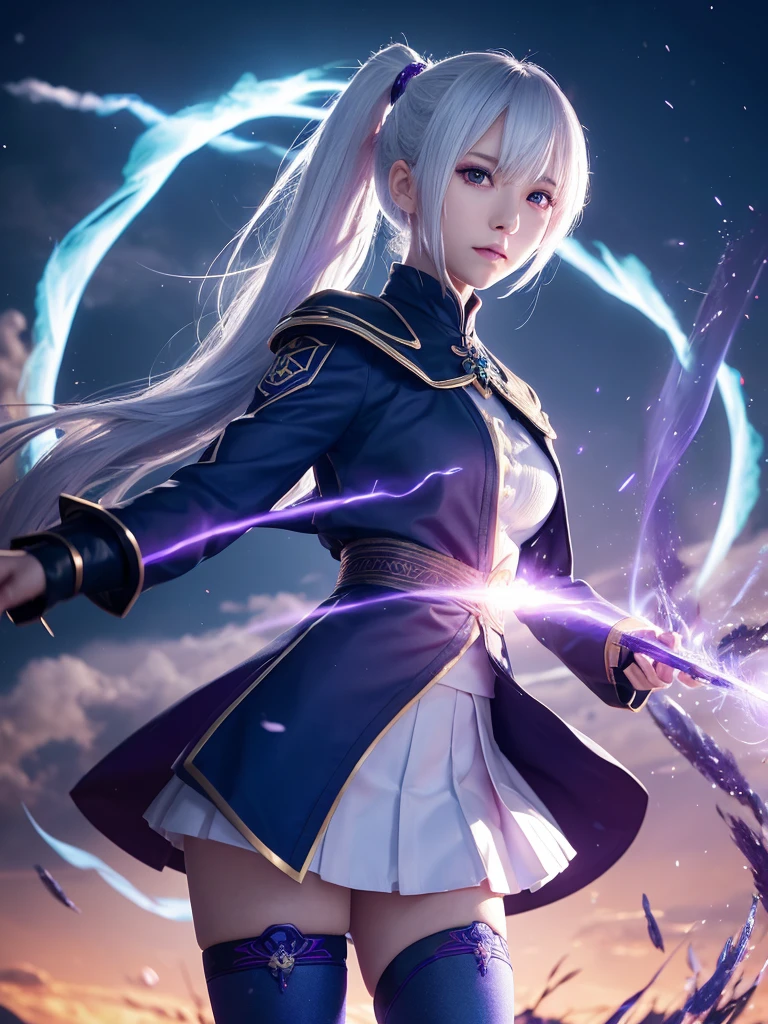 1girl, japanese clothes, ponytail ,white hair, purple eyes, magic circle, blue fire, blue flames, wallpaper, landscape, blood, blood splatter, depth of field, night, light particles, light rays, sidelighting, thighs, fate \(series\), genshin impact, ****, open jacket, skirt, thighhighs, cloud