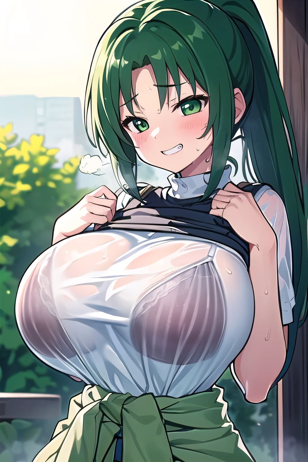 masterpiece, best quality, ultra-detailed, 1girl,  Mion Sonozaki, green hair, green eyes, ponytail,tee, jeans,(large breasts:1.2),ample breast,huge breast,round breast,Stylish,(thin_Waist:1.5),curvin waist,wide tits,big tits,Grin,Nice body,outdoors,Upper Body,(breast focus),hands own breast,squeeze breast,blush,sweat,steam,breath,See-through bra,White bra,bra under the shirt,Wet,((Underwear lines showing through shirts))