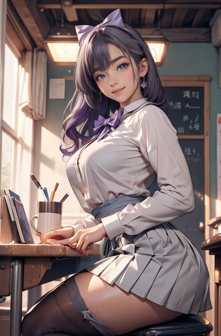 (masterpiece:1.2, top quality), (actual, photoactual:1.4), Beautiful illustration, (natural side lighting, movie lighting), NSFW, 
looking at the audience, Cowboy shooting, Front view:0.6, 1 girl, Japanese, high school, perfect face, cute symmetrical face, shiny skin, 
(Bank of China:1.2, messy hair:1.2, purple hair), Hair between the eyes, Purple Eyes, Eyelash extension tool, (Large :0.7, Thick thighs), 
beautiful hair, pretty face, Beautiful and delicate eyes, Beautiful collarbone, Beautiful body, Beautiful, Beautiful thighs, Beautiful legs, beautiful fingers, 
((white collar shirt, Gray pleated mini skirt, Black socks, blue bow tie)), 
(Beautiful scenery), night, classroom, table, Chair, curtain, sittingonchair, Place your hand on your mouth, (Lovely smile, Head tilt), 