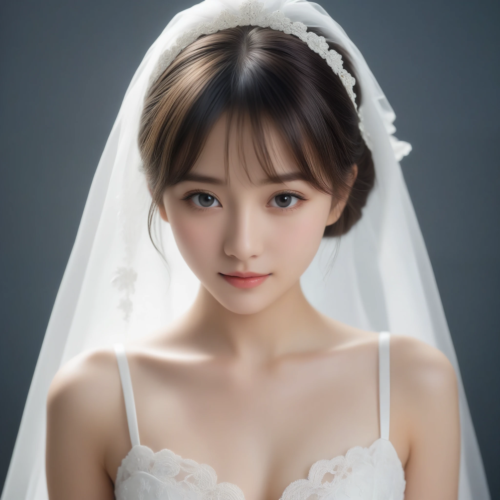 8k, Ultra-high resolution, Highest quality, masterpiece, 三分割法によるphotograph,Surreal, photograph, 1 Girl, (:1.3), pretty girl, Cute Face, Beautiful eyes in every detail, 細かくdetailedに,masterpiece,One Girl:1.2,Japan Female Teachers,extream close up,sad,light smile,Black short hair,Bob with bangs,(印象派の美しい少女のPortraiture),(Impressionist light and colour), (Gray background:1.3),(White Wedding Dress:1.3),(Fairy, bride, Shiny Hair, Beautiful dark eyes, So cute and beautiful,16 years old0.8),Sharp contours,Looking down, (Wedding Veil,White lace), Light from above, (Side view),, Perfect and beautiful face ,完璧でCute Face, Skin with attention to detail, Perfect limbs、Narrow waist,Looking at the audience,(((Ideal body type))),A cup small breasts :2,Portraiture:2,Perfect Anatomy,鮮明なdetailed,detailed,Surreal,Light and shadow,glowing