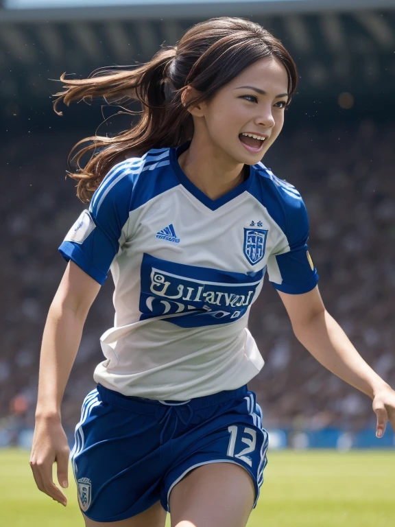 Photorealistic image ((masterpiece)), ((high quality)) UHD 8K, of a happy and smiling female soccer player, (medium chest), (thin waist), wearing (blue and white soccer uniform), luminous blue eyes , long brown hair, playing on a soccer field、big breastes, (Woman in soccer shirt showing breasts:1.3), football shorts, Short shorts,(((裾を縛る)))、((へそ出し))、 Sweating Lots, (Above the football stadium:1.2), taut clothes, (Angry look, Sprinting, Beautiful)、hair messy、Floating hair