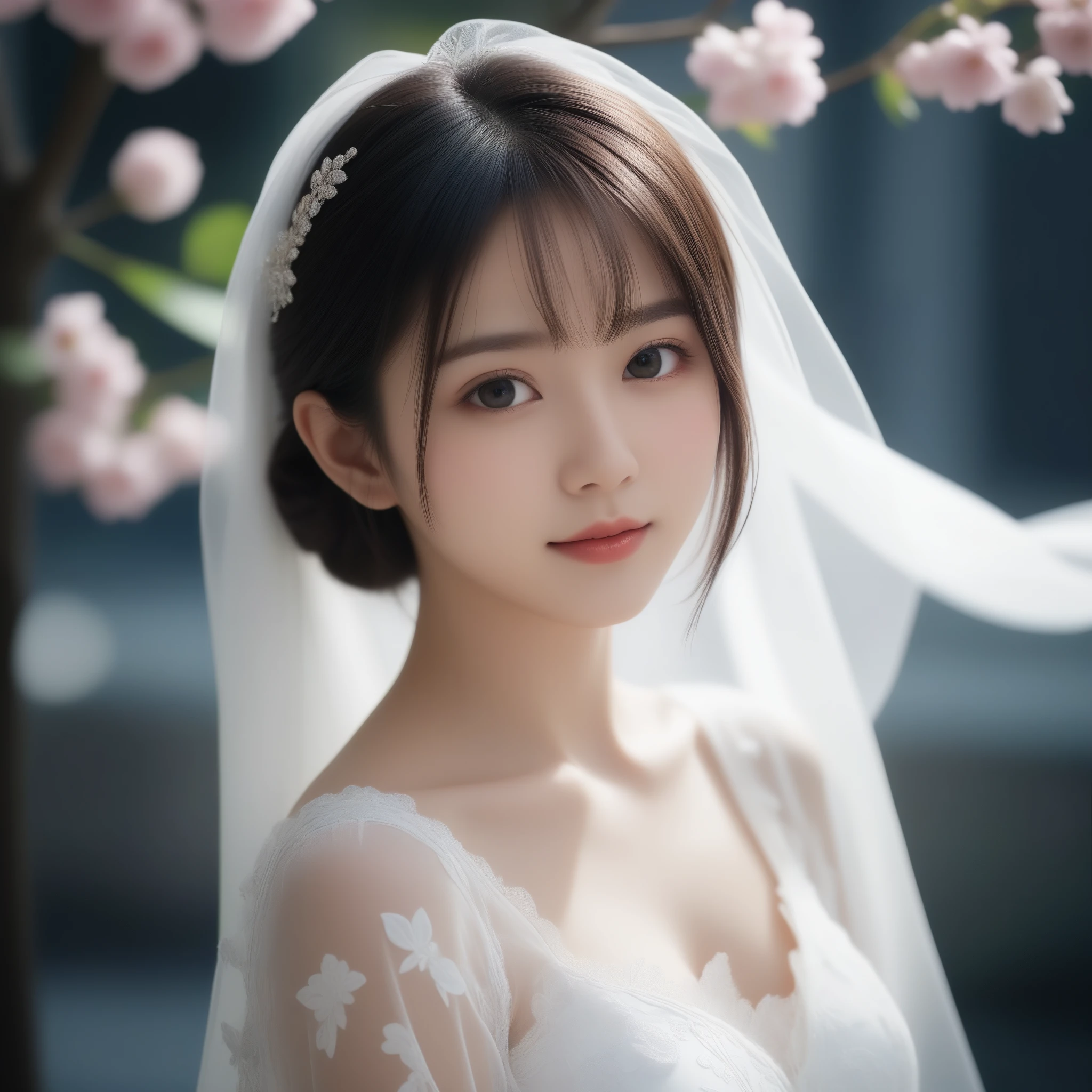 8k, Ultra-high resolution, Highest quality, masterpiece, 三分割法によるphotograph,Surreal, photograph, 1 Girl, (16 years old:1.3), pretty girl, Cute Face, Beautiful eyes in every detail, 細かくdetailedに,masterpiece,One Girl:1.2,Japan Female Teachers,extream close up,sad,light smile,Black short hair,Bob with bangs,(印象派の美しい少女のPortraiture),(Impressionist light and colour), (Gray background:1.3),(White Wedding Dress:1.3),(Fairy, bride, Shiny Hair, Beautiful dark eyes, So cute and beautiful,16 years old, ), (smile:0.8),Sharp contours,Looking down, (Wedding Veil,White lace), Light from above, (Side view),, Perfect and beautiful face ,完璧でCute Face, Skin with attention to detail, Perfect limbs、Narrow waist,Looking at the audience,(((Ideal body type))),A cup small breasts :2,Portraiture:2,Perfect ???????,鮮明なdetailed,detailed,Surreal,Light and shadow,glowing