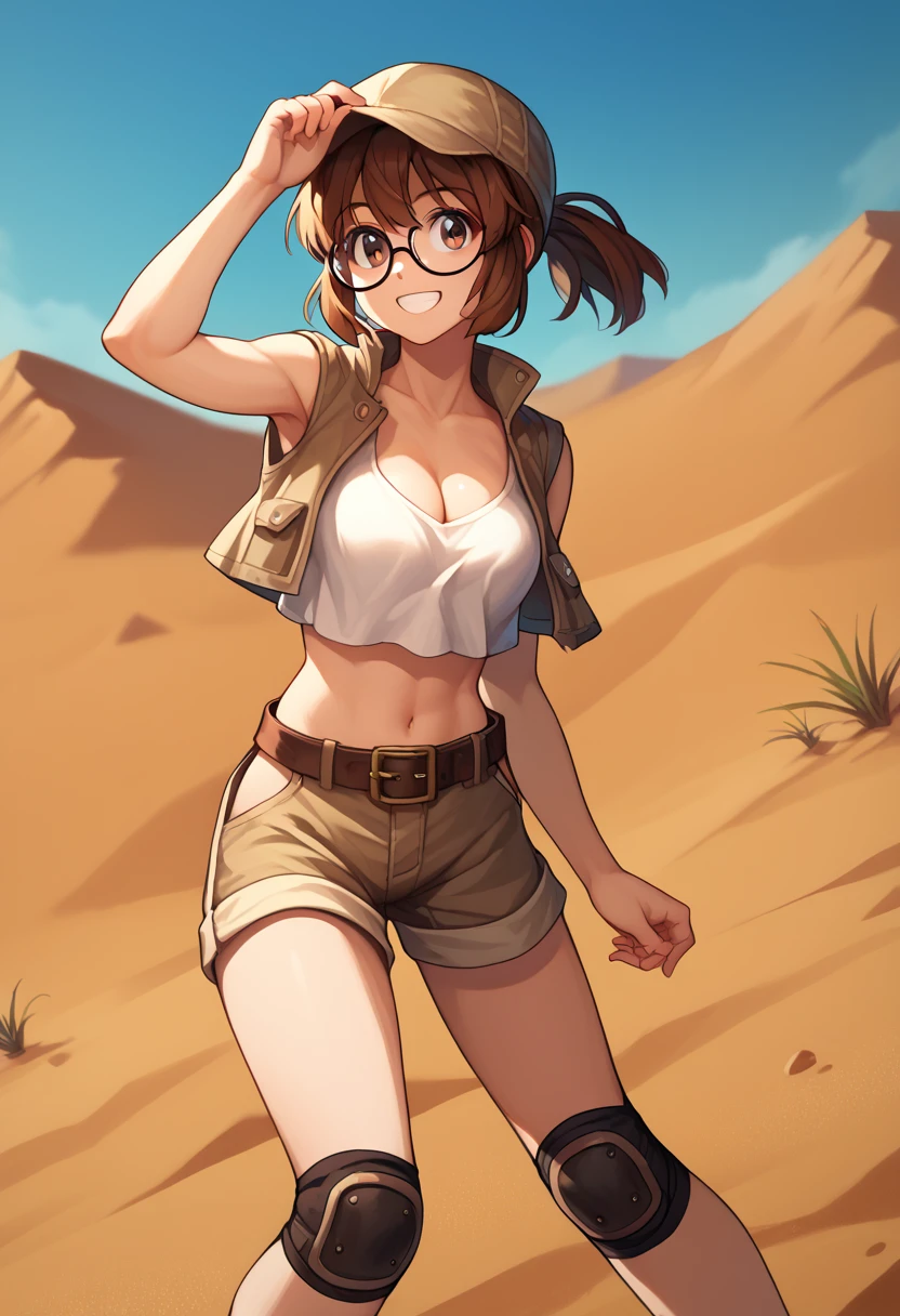 score_9, score_8_up, score_7_up, source_anime, fiogermi,fio germi, brown hair, glasses, medium hair, ponytail, brown eyes, crop top, hat, jacket, knee pads, shorts, sleeveless, navel, belt, outdoors, desert , tank in background , smile, happy, cleavage, looking at viewer, dynamic pose , dutch angle, solo,