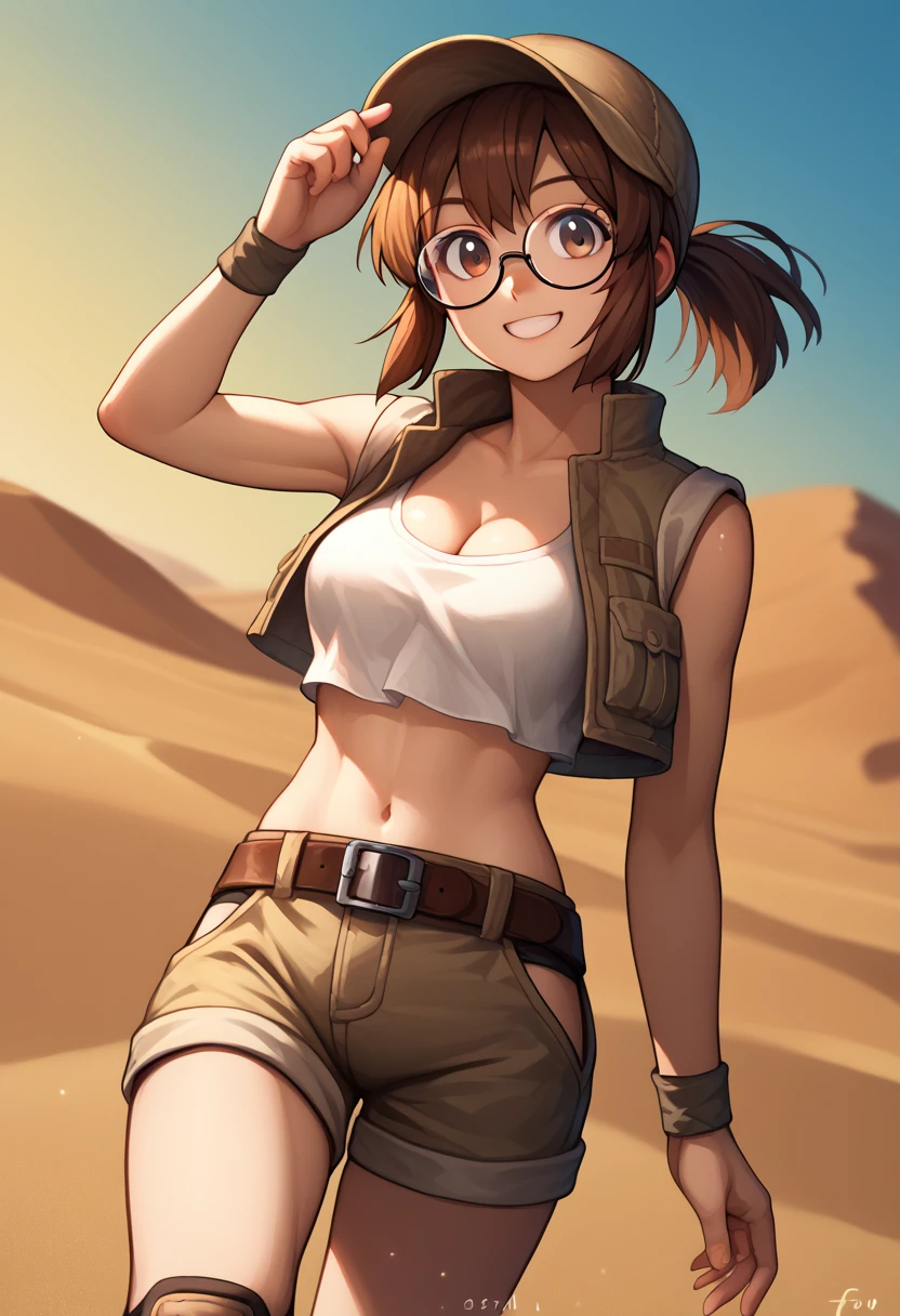 score_9, score_8_up, score_7_up, source_anime, fiogermi,fio germi, brown hair, glasses, medium hair, ponytail, brown eyes, crop top, hat, jacket, knee pads, shorts, sleeveless, navel, belt, outdoors, desert , tank in background , smile, happy, cleavage, looking at viewer, dynamic pose , dutch angle, solo,