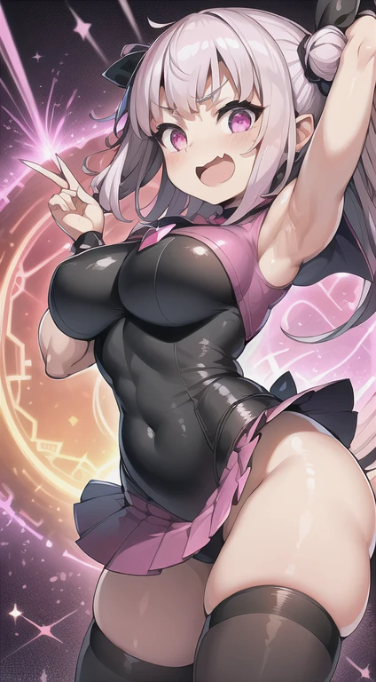 (High resolution, sharp, fractal), 1 female, Super Glowing Skin, Magical girl, Age 25, leotard, mini skirt,big, Pink and black costume