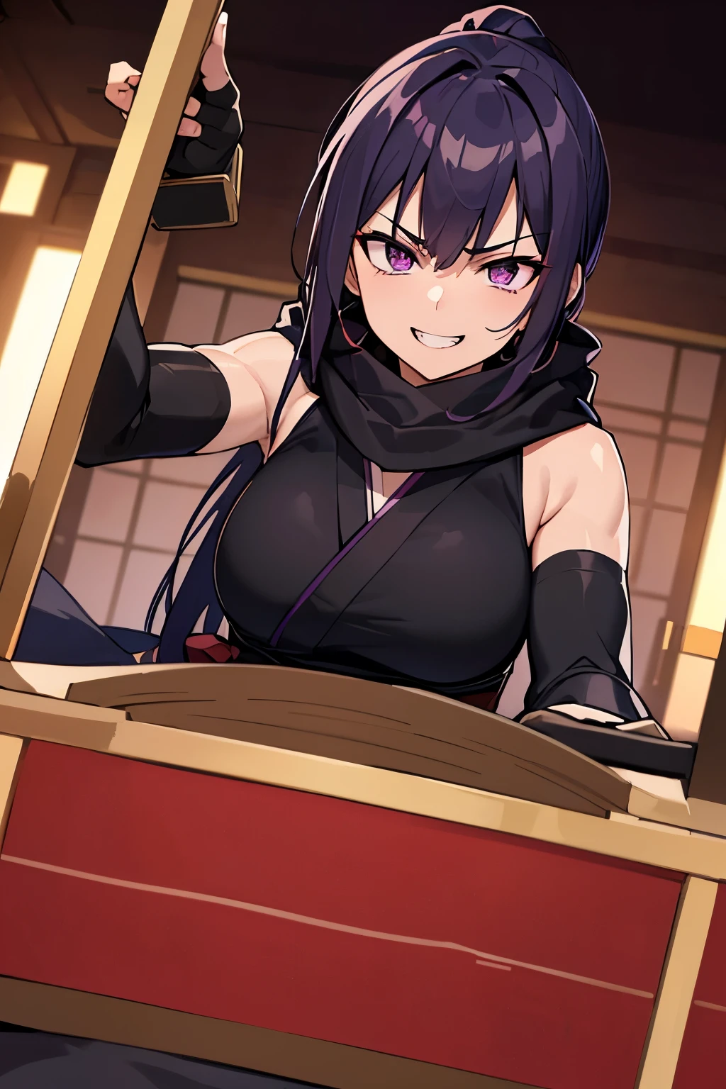 (masterpiece), best quality, expressive eyes, perfect face, a ninja woman, a red bed, on fours, black long hair, bangs, pony tail, purple eyes, smug smile, teeth fangs, purple scarf, dark sleeveless robe, black sleeves on arms, fingerless gloves, red night sky japanese castle, indoor scenery, ((shot from below)), ((wide angle view)), ((looming over viewer))