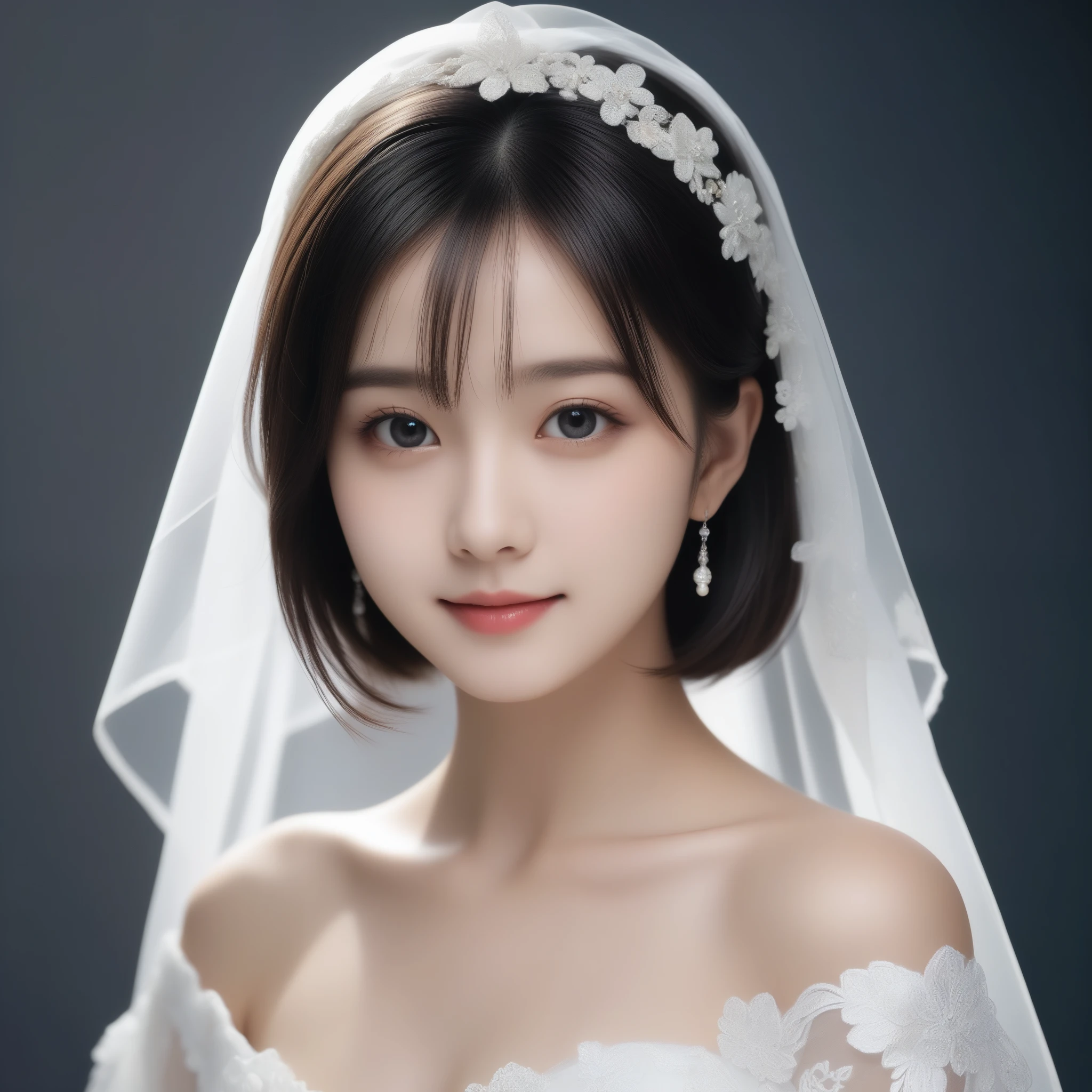8k, Ultra-high resolution, Highest quality, masterpiece, 三分割法によるphotograph,Surreal, photograph, 1 Girl, (16 years old:1.3), pretty girl, Cute Face, Beautiful eyes in every detail, 細かくdetailedに,masterpiece,One Girl:1.2,Japan Female Teachers,extream close up,sad,light smile,Black short hair,Bob with bangs,(印象派の美しい少女のPortraiture),(Impressionist light and colour), (Gray background:1.3),(White Wedding Dress:1.3),(Fairy, bride, Shiny Hair, Beautiful dark eyes, So cute and beautiful,16 years old, ), (smile:0.8),Sharp contours,Looking down, (Wedding Veil,White lace), Light from above, (Side view),, Perfect and beautiful face ,完璧でCute Face, Skin with attention to detail, Perfect limbs、Narrow waist,Looking at the audience,(((Ideal body type))),A cup small breasts :2,Portraiture:2,Perfect Anatomy,鮮明なdetailed,detailed,Surreal,Light and shadow,glowing