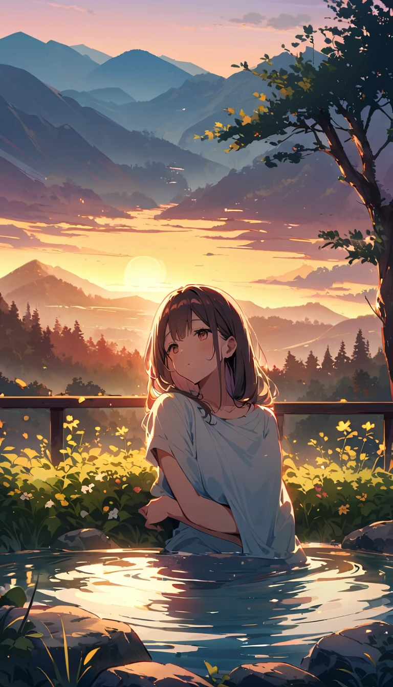Great view of the mountains in the background during daytime、There is a woman soaking in the open-air bath..。She wrapped a towel around her body、He has a calm look.。The surroundings are shrouded in silence.。Amidst the beauty of nature and the warmth of hot springs、She is a mountain々Relax and enjoy the view。Enjoy a moment in the open-air bath that is part of the scenery.、that'A special time of healing for her.。