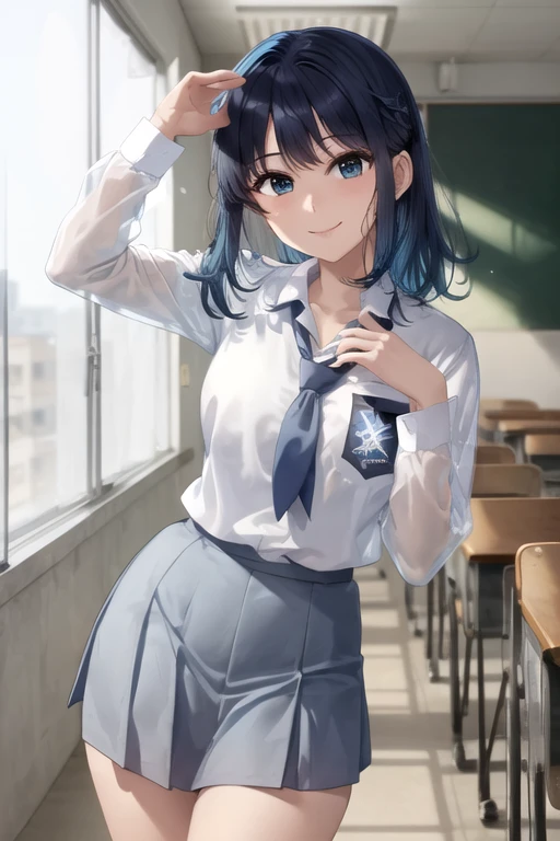 masterpiece,best quality, ultra_res, extremely detailed,
1girl,HMAKANE, BLUE HAIR, medium HAIR, GRADIENT HAIR, MEDIUM BREASTS,
Indonesian high-school uniform, (wearing transparent white shirt, LONG SLEEVES), osis logo on shirt pocket, medium breasts, long light-grey skirt, light-grey tie, cowboy shot, smiling, standing pose, in classroom background,