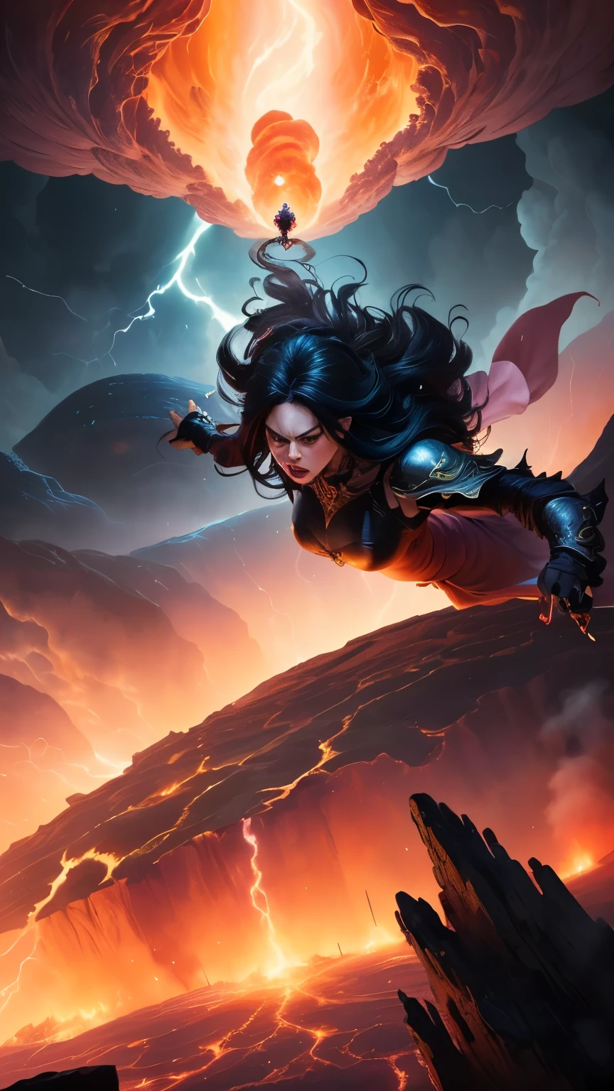 ((best quality)), ((masterpiece)), (detailed), A digital illustration of a furious woman in a light peach color princess dress with long black hair flying in the air surrounded by monsters, with a tornado and lava in the background 
