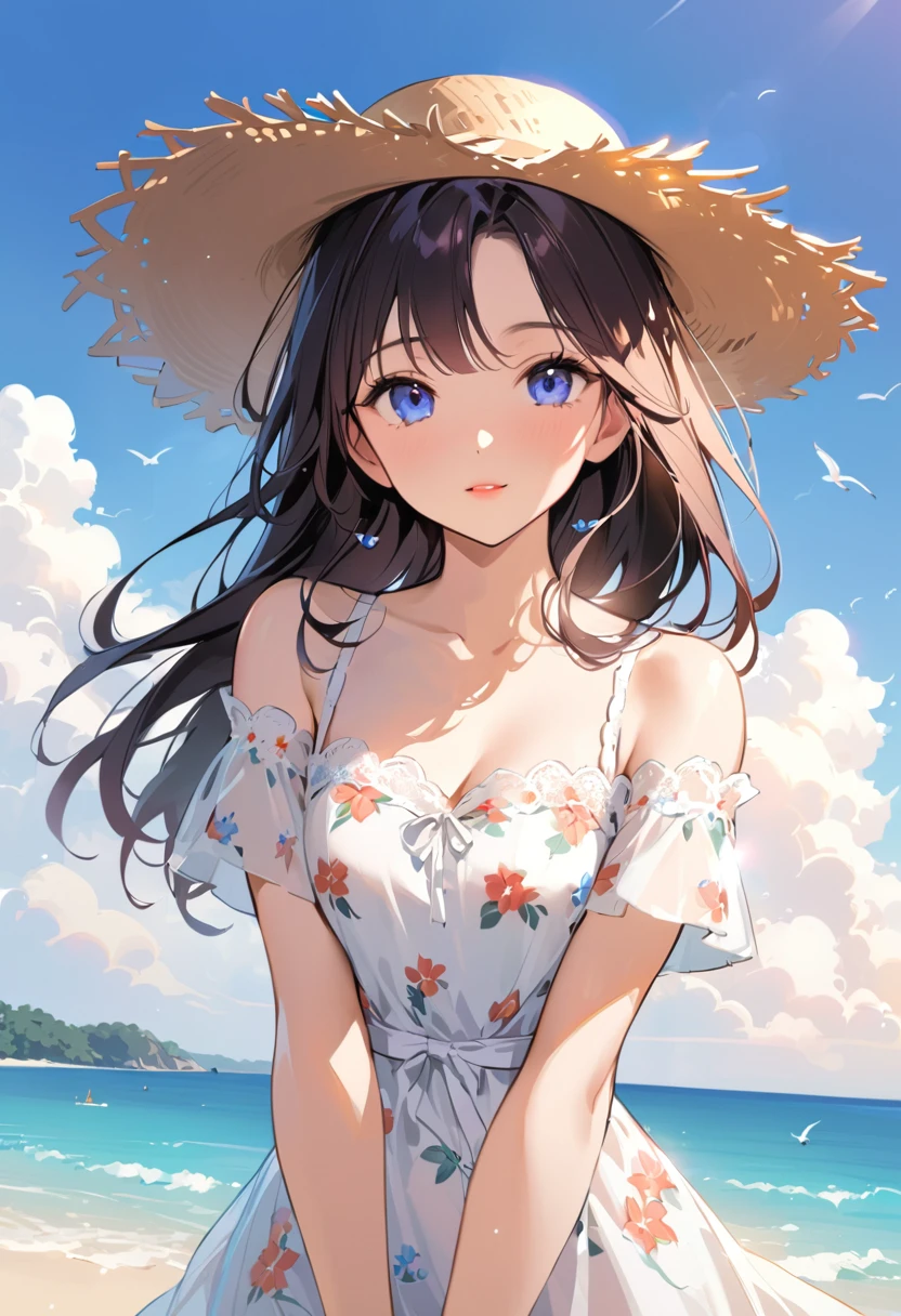 Extremely beautiful woman wearing a floral summer dress and a straw hat at the beach, perfect face, perfect eyes, perfect light, glamorous, gorgeous, delicate, romantic, Harrison Fisher
