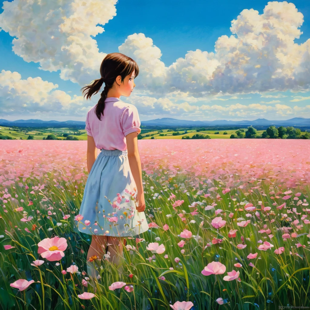 (((best quality)))), Realistic, authentic, beautiful and amazing landscape with a girl on the field oil painting Studio Ghibli Hayao Miyazaki pasture petals with blue sky and white clouds, no humans.the girl looking the landscape,the windshield flashing pink, pink glancing off of metal, brushing the dented flank of blue, beat-up enamel, Studio Ghibli