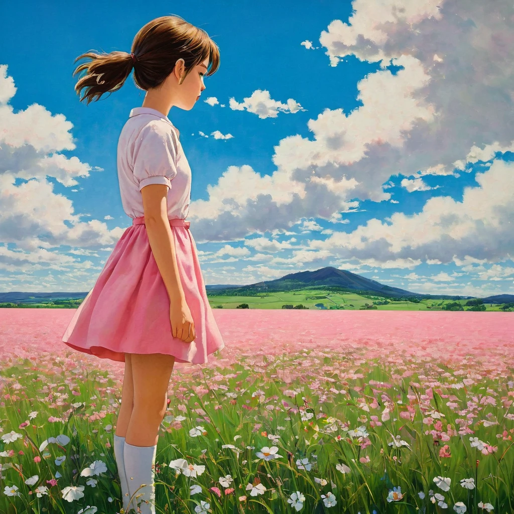 (((best quality)))), Realistic, authentic, beautiful and amazing landscape with a girl on the field oil painting Studio Ghibli Hayao Miyazaki pasture petals with blue sky and white clouds, no humans.the girl looking the landscape,the windshield flashing pink, pink glancing off of metal, brushing the dented flank of blue, beat-up enamel, Studio Ghibli